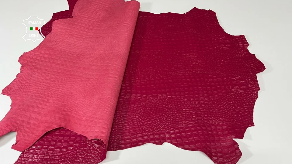 FUCHSIA RASPBERRY ALLIGATOR CROCODILE Goatskin leather 2 skins 12sqf 0.7mm A9558 - Image 3 of 4