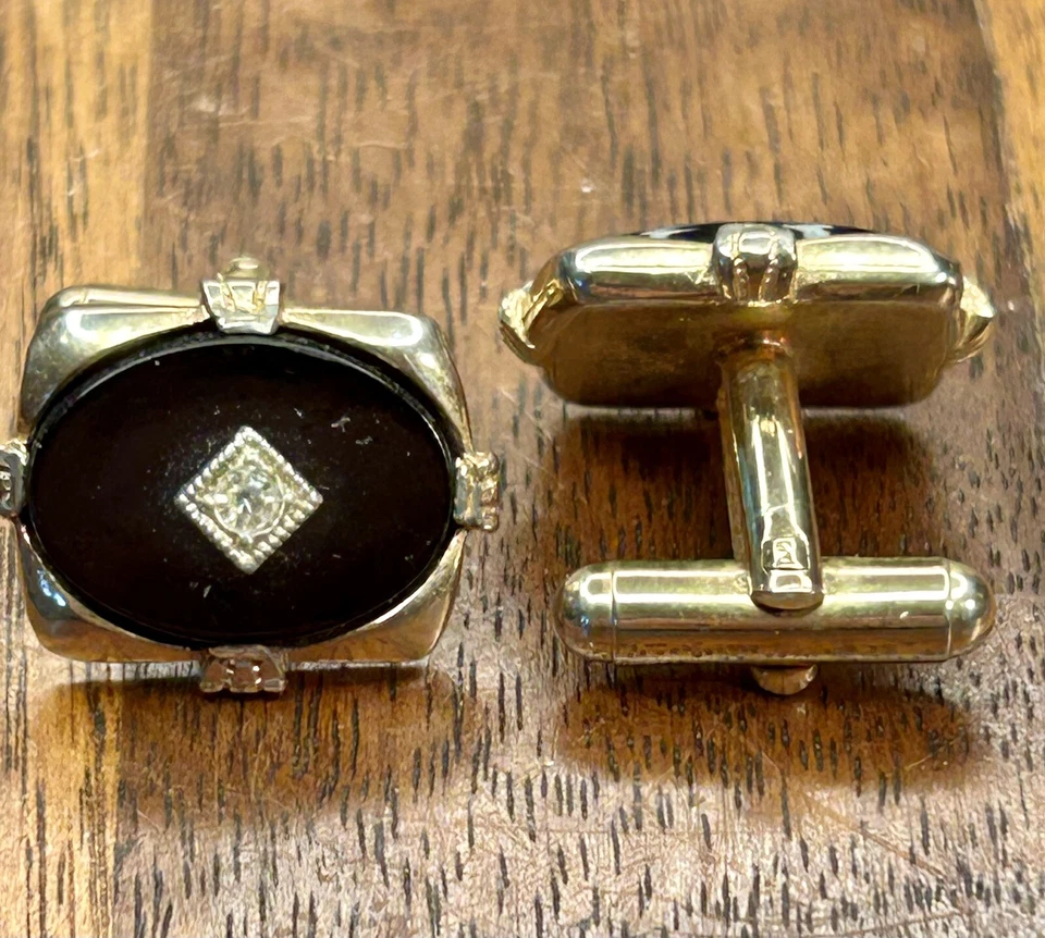 Gemelos retro vintage tono plata piedra plástica negra y estrás centro Foto 4 de 4