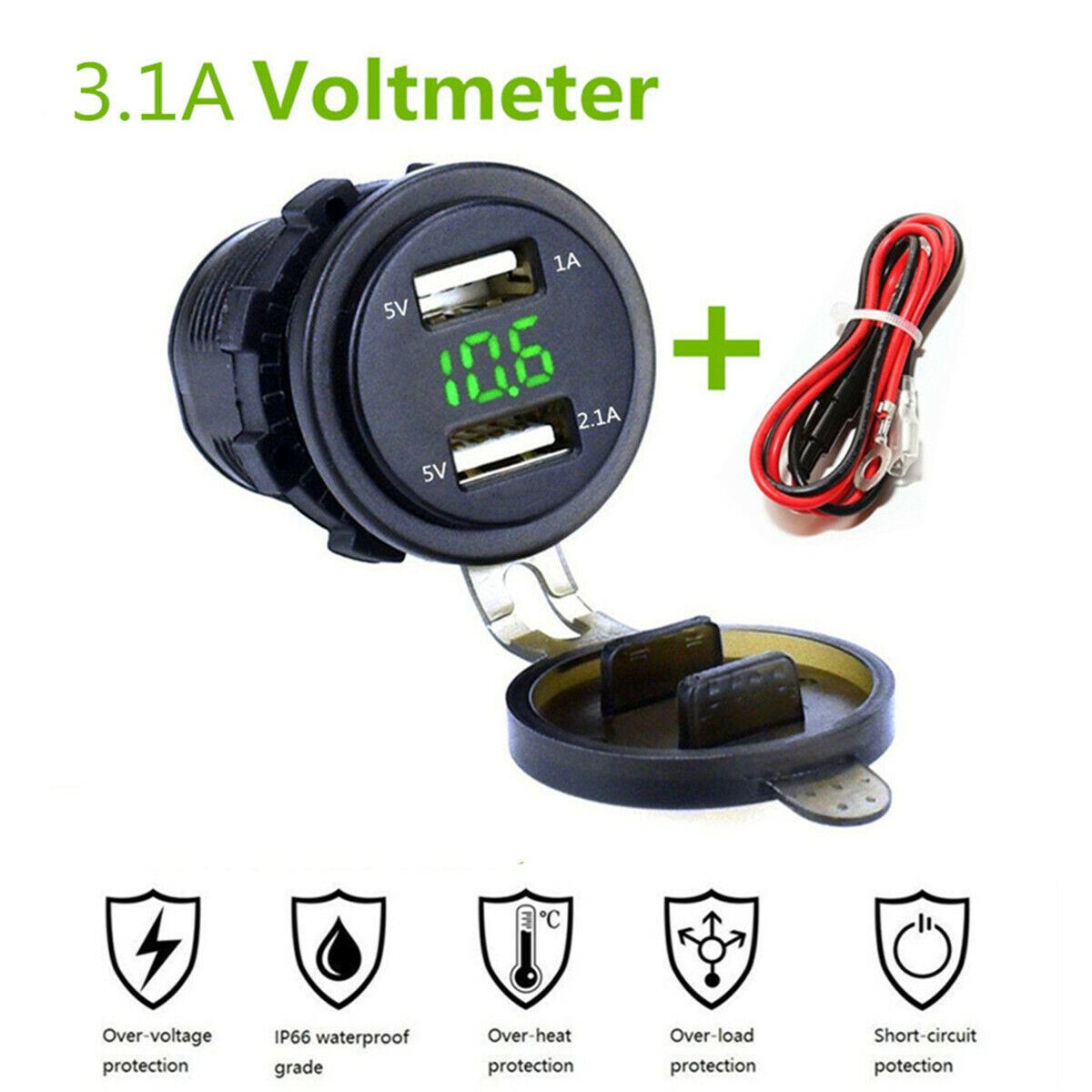 Double Prise USB Avec Voltmètre LED Verte - Pour Voiture/moto (12V-24V) - Charge Rapide - Neuf