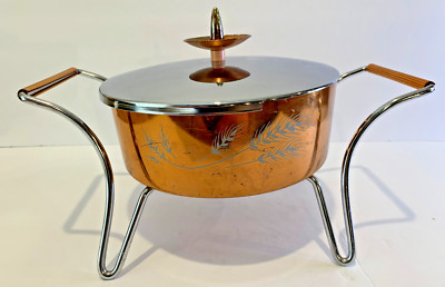 VTG Pyrex 595 Copper Chafing Dish Casserole Server Wheat MCM Retro
