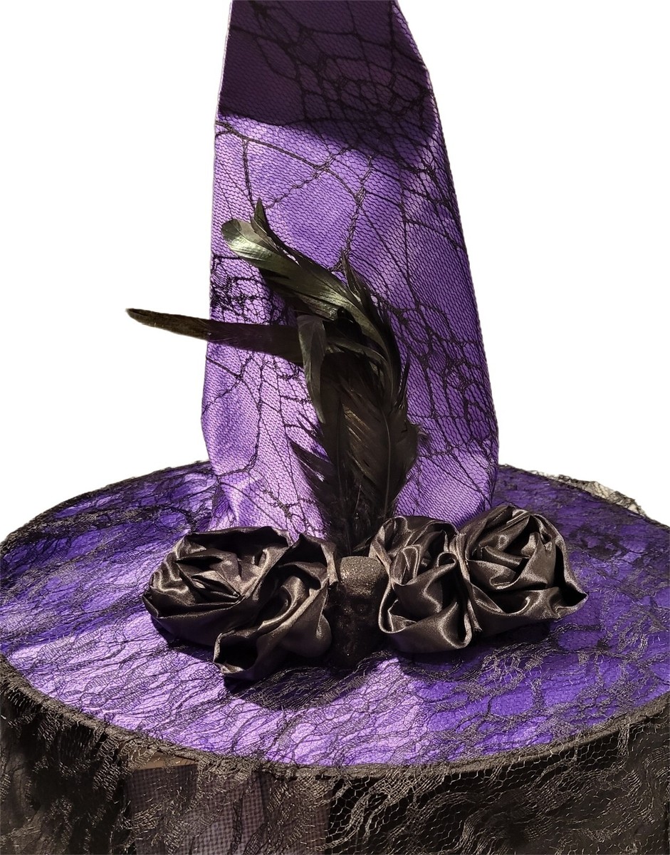 Deep Purple Black Witch Wide Brim Hat with Feathers &Veil Cap One Size  Costume