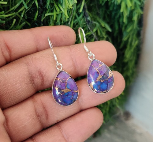 Purple Copper Turquoise 925 Sterling Silver Handmade Earring SR1021 - Picture 5 of 8