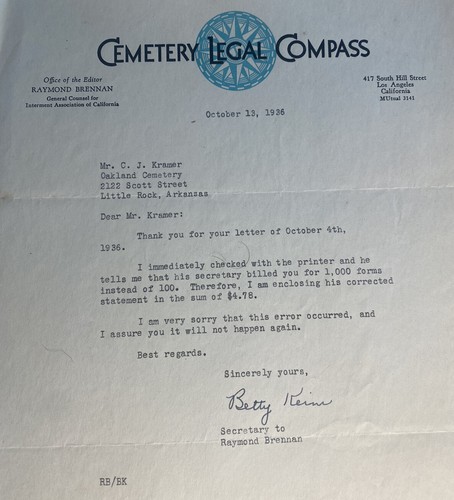 Vintage 1936 Cemetery Legal Compass Letterhead Correspondence Paper Ephemera - Picture 2 of 3