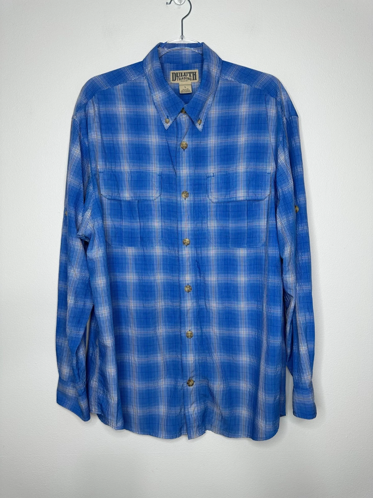 Duluth Trading Co Armachillo Mens Size L Blue Plaid Cooling Shirt Fishing Hiking