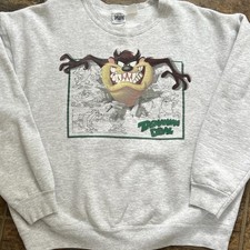 Vtg 90  s Tazmanian Devil Loony Tunes Cartoon Grey Sweatshirt Size XL Thick Crew