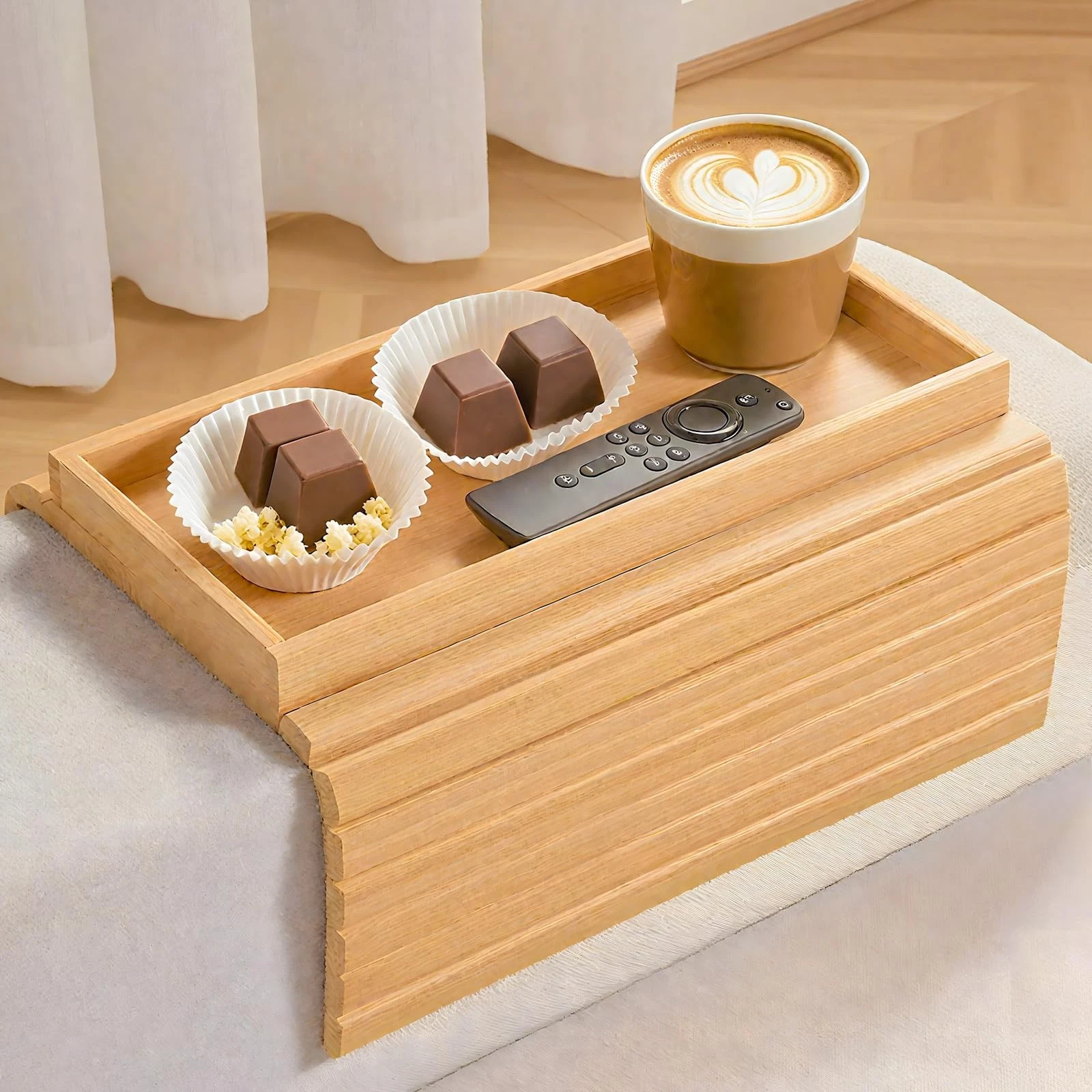 ULIKEUS Bamboo Sofa Arm Tray Foldable Couch Cup Holder Anti-Slip Natural