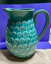 Vintage Blue Ceramic Pitcher No Chips Made In China Glazed Fish Scale Texture