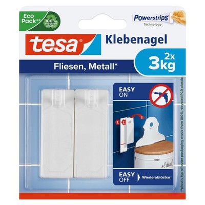 tesa Klebenagel Fliesen&Metall, verstellbar, 2 Stück, 3 kg Haltekraft