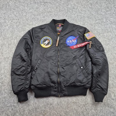 Alpha Industries Jacke Herren Medium schwarz NASA MA1 Bomber wattiert USA Flagge