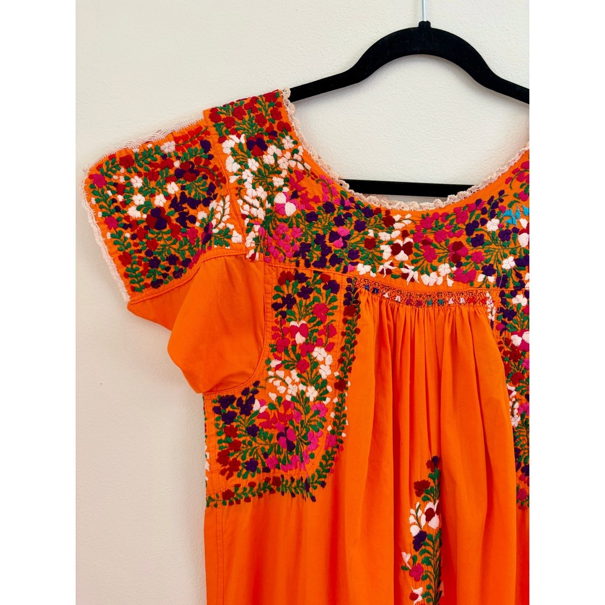 Vintage 70s Mexican Oaxacan S/M Hand Embroidered Maxi Dress S M Orange Floral View 3