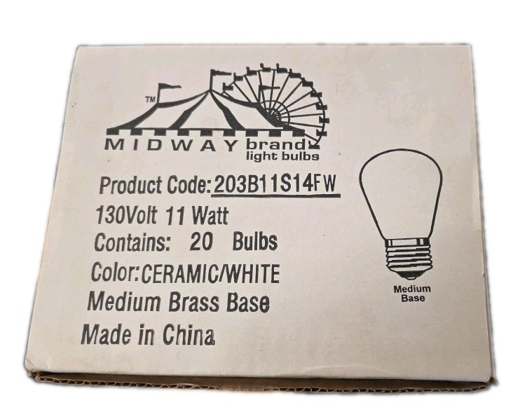 Lot Of 100  Brass Base MIDWAY BRAND - WHITE BULBS 130 volt 11 Watts NEW