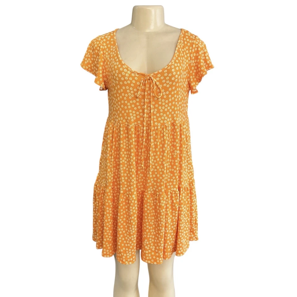 NEW Jessica Simpson Ruffle Ditsy Floral Orange Lightweight Stretch Mini Dress L - image 2 of 4