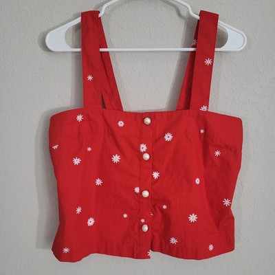 Ban.do Halter Crop Top Womens Small Medium Red Daisy Print Cotton Summer Casual