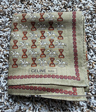 CELINE Silk Twill Square Scarf Beige Logo Horse print 18x18 inch/ COA