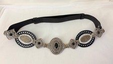 Chico's Hip Belt Black Leather Filigree Silver Gold lMedallons M/L Adjustable