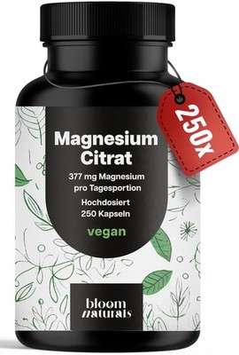 Magnesiumcitrat Hochdosiert - 250 Kapseln - 377mg pro Tagesportion - Vegan