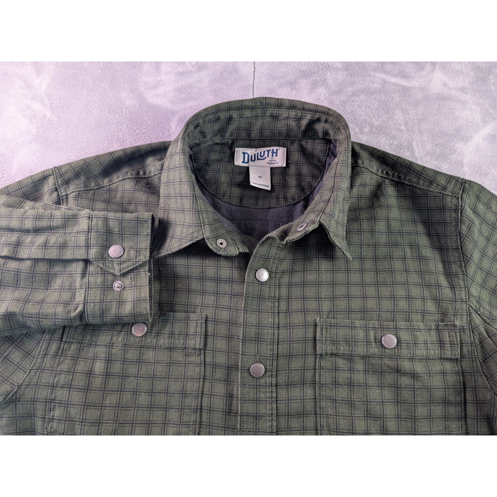 Duluth Trading Co Mens Green Plaid Lined Snap Front Shirt Jacket Medium Cotton
