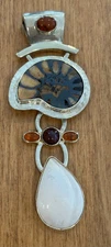 BOMA 925 STERLING SILVER LARGE 3.25” LONG FOSSIL AMMONITE AMBER MOP PENDANT