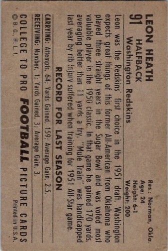 1952 Bowman Large LEON HEATH Washington Redskins #91 EX Condition SET BREAK - Picture 2 of 2