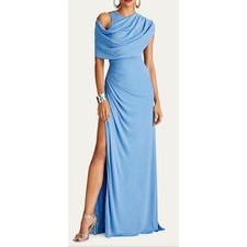 HALSTON Casi Side-Slit Draped Jersey Gown. Light Blue. NWT $575 Retail. Size 0
