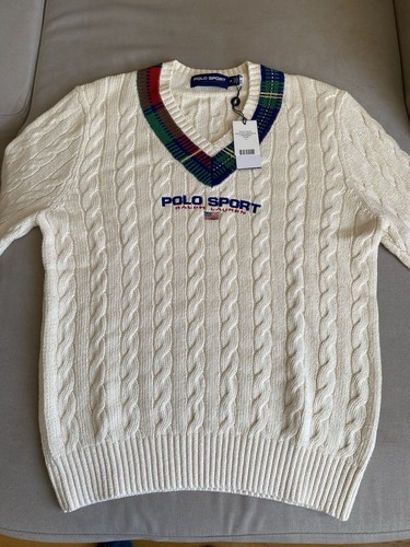 Ralph Lauren Rugby Tartan Iconic V-Neck Cricket Cable Knit Jumper sweater Mens M - Picture 3 of 12