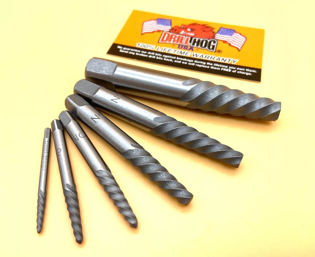 Drill Hog USA Spiral Easy Outs Set Round Screw Extractor Lifetime Warranty 6 Pc