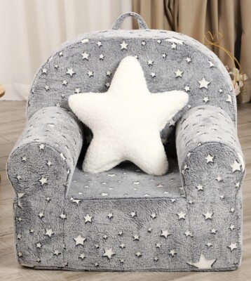 Glow In The Dark Little Star Kids Gray Chair High Back w/Star Throw Pillow - NEW