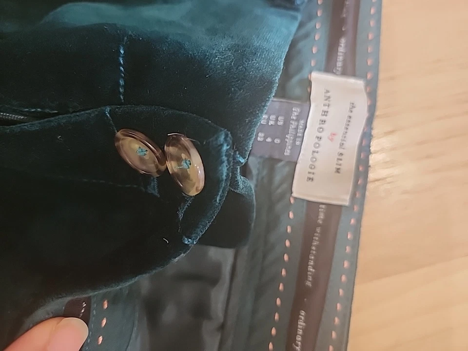 Anthropologie The Essential Velvet Slim Trouser Pant Size 0 Holly Green Euc - Image 4 of 4