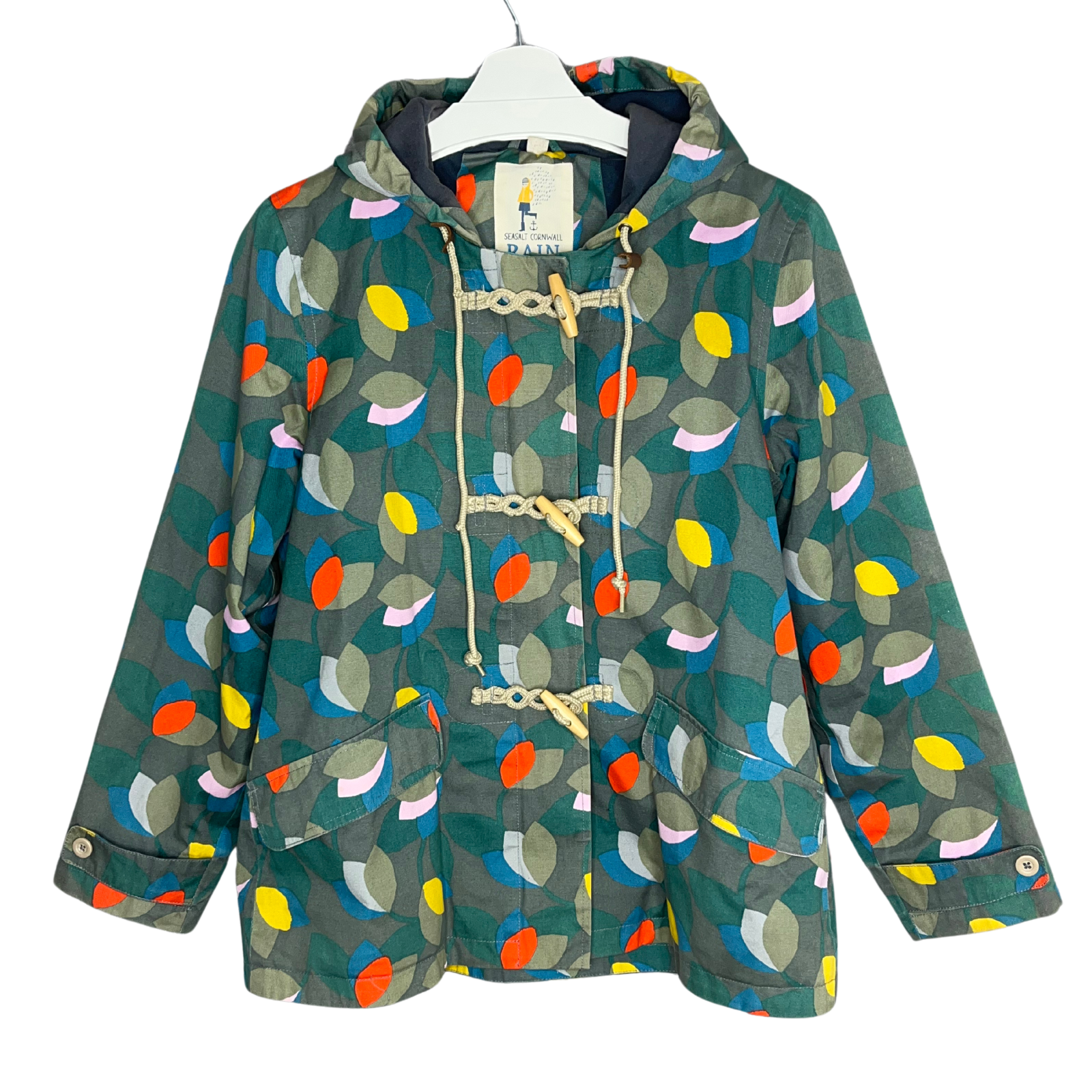 Sea Salt Cornwall Sea Folly Rain Coat UK14 Green Tin Cloth Flowers Hooded Jacket
