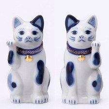 Japanese Hand Painted Lucky Cat SETO Maneki Neko Pair 9cm Blue  White Ceramics