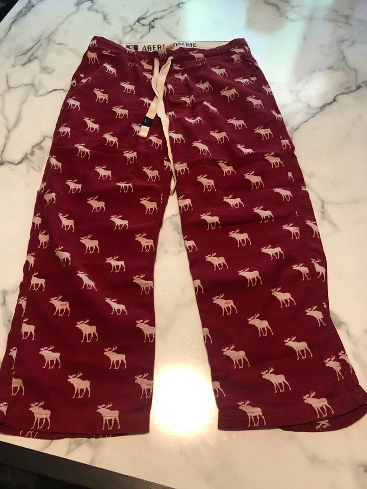 Calça lounge Abercrombie feminina pequena vermelha branca estampa de alce algodão cordão - Imagem 2 de 4