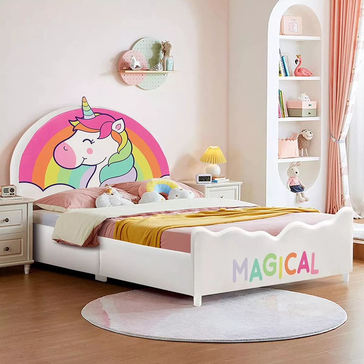 Kids Upholstered Platform Bed Children Twin Size Wooden Bed