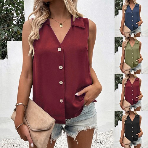 Women Coller Button Down Vest Tank Tops Ladies Summer Sleeveless Blouse Shirts - Picture 12 of 17