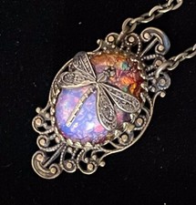 Art Nouveau Necklace Vintage Dragonfly Pendant W Antique Harlequin Glass Opal