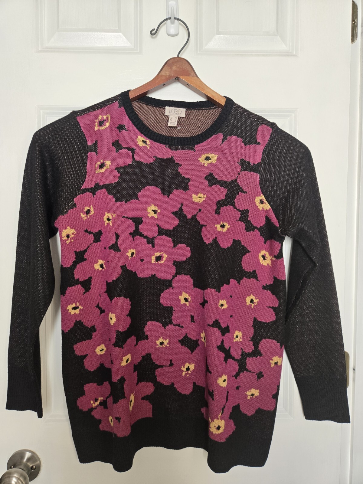 LOGO by Lori Goldstein Floral Jacquard Long Sleeve Sweater Black Size XS