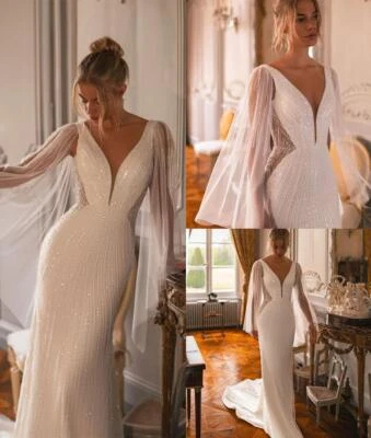 Brautkleid Hochzeitskleid V-Ausschnitt Column Weiß Ivory Maßgeschneidert 36 38 - Bild 1 von 4