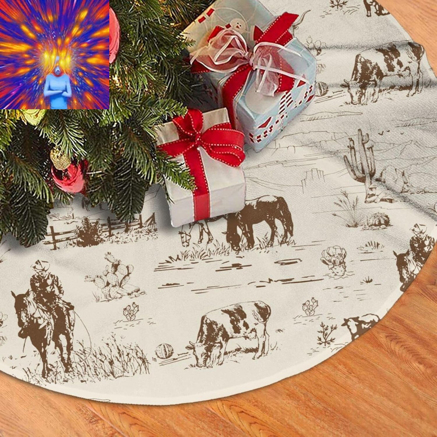 Western Desert Cowboy Christmas Tree Skirt Funny Tree Mat for Farmhouse Xmas Hol