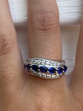 Stunning Oval Lab Created Blue Sapphire  Clear CZ 925 Silver Ring Size 7