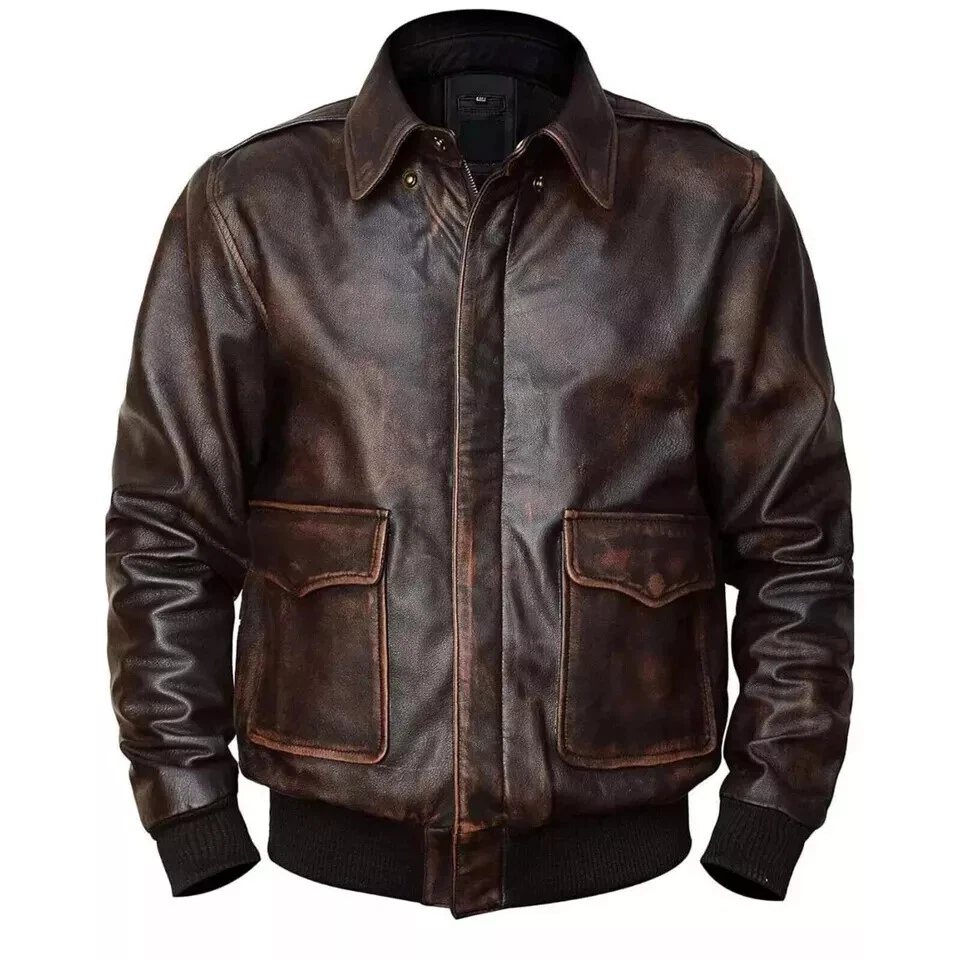 Vintage A2 Aviator Bomber AIR Force Distressed Brown Real Sheep Leather Jacket