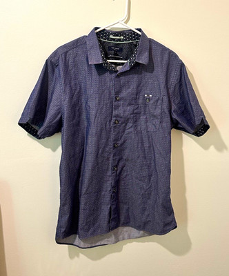Ted Baker Men's M Blue Geometric Woven Short Sleeve Button-Up Shirt Pockets