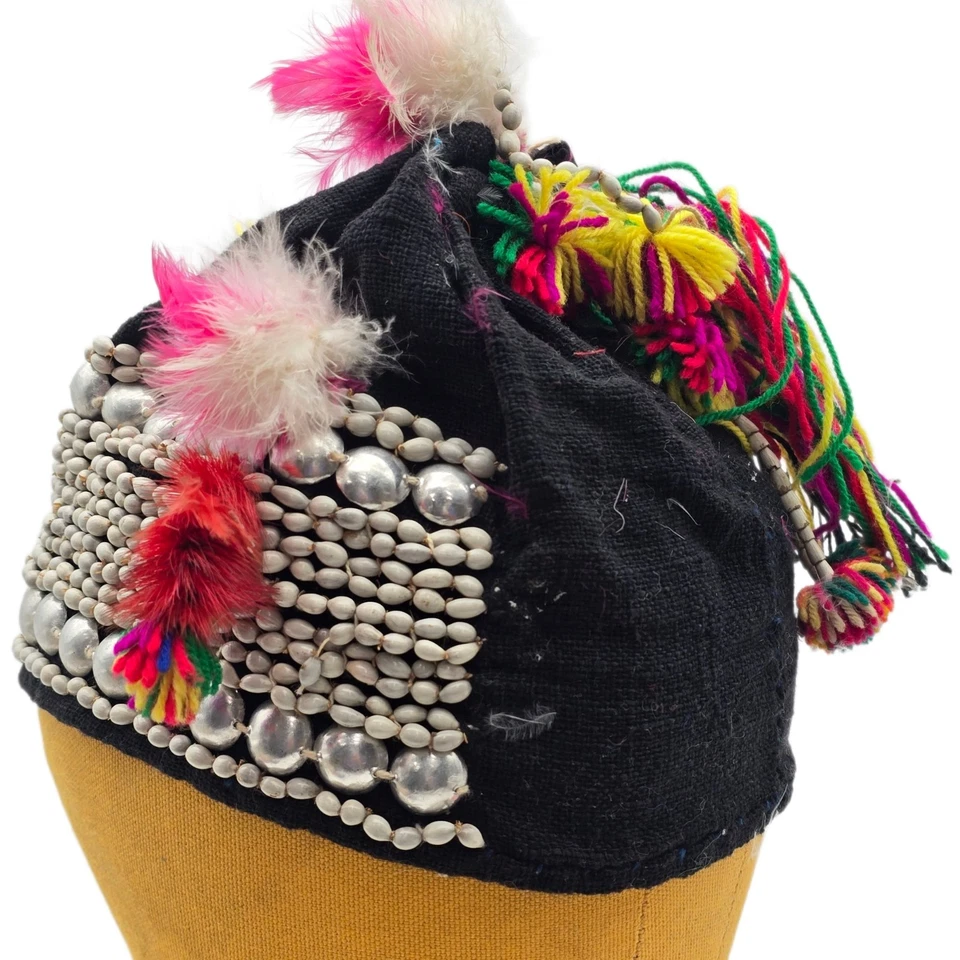 Vintage Thai Akha Headdress Hat Souvenir Beads Feathers Costume - Image 3 of 4