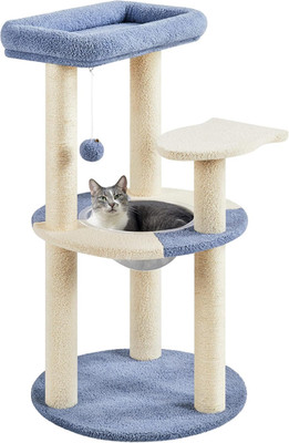 90 cm Kratzbaum Turm mit klarem Napf, blau/beige | Katzenkletterbaum, Indoor Katze