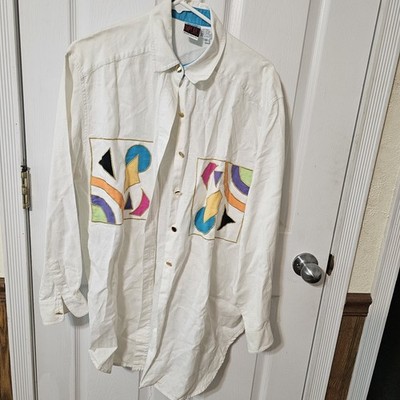 Oleg Cassini Blouse Top Womens Vintage 80s Geometric Linen Cotten Oversized 12