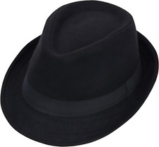 Men Classic Manhattan Structured Gangster Trilby Fedora Hat Black