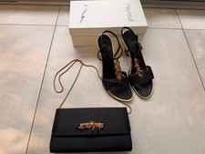 Heyraud Black Satin Sandals + Bag gold trim and rhinestone T-strap 41 Fits 7