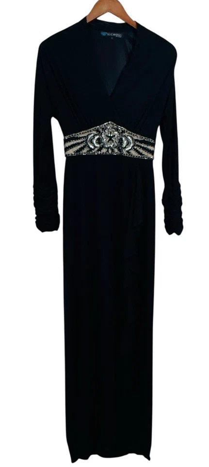 Vintage Sue Wong Maxi Dress Black 6 Jersey Y2K Fairy Goth Grunge Beaded Long Slv - Image 3 of 4