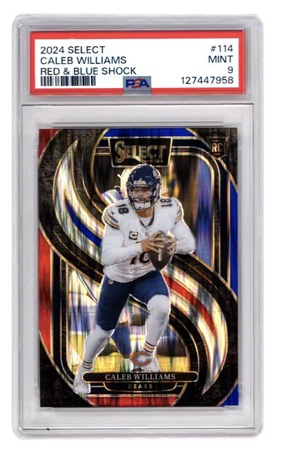 2024 Panini Select- Premier Level Caleb Williams #114 Red & Blue Shock Prizm PSA