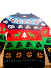 WOMEN'S ALDI GEAR UGLY CHRISTMAS KNIT SWEATER: HOUSES, DEER, TREES, FLOWERS