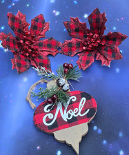 Set 3 Red  Black Buffalo Plaid 2 Poinsettia flower  NOEL Christmas Ornaments