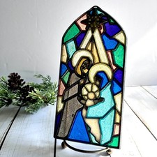 Vintage Leaded Glass Plastic Ornament Suncatcher Religious Jesus Mary Nativity